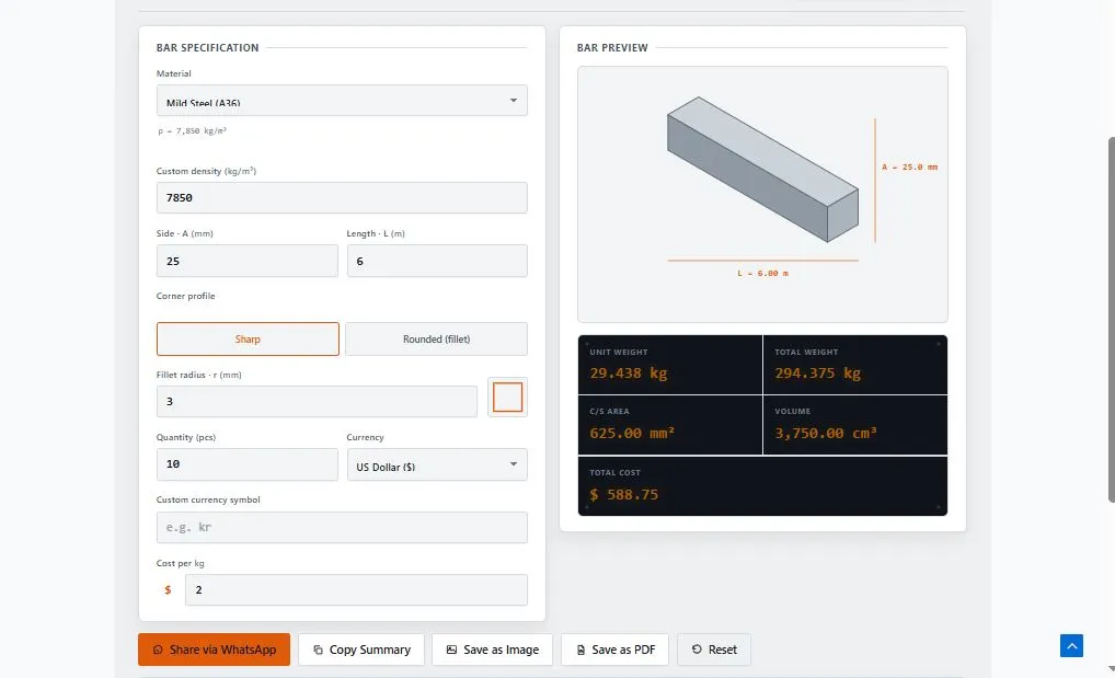 Square Bar Weight Calculator