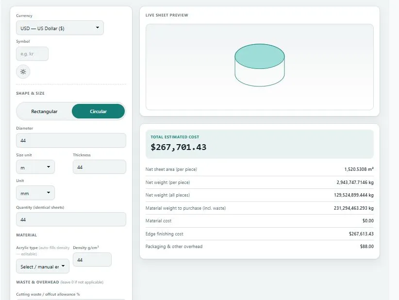 Acrylic sheet weight calculator showing live isometric sheet preview and total cost