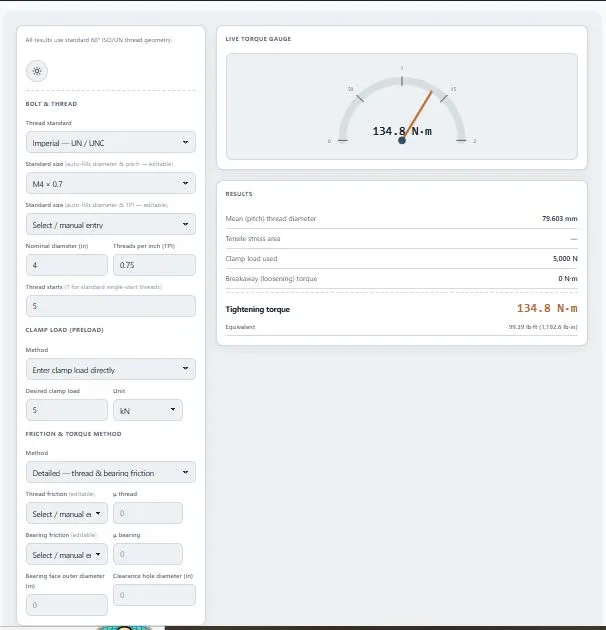 Bolt torque chart calculator showing live torque gauge and tightening torque result