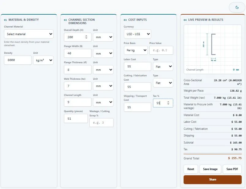 Channel weight calculator showing C-beam section dimensions, material, and cost inputs with live weight result