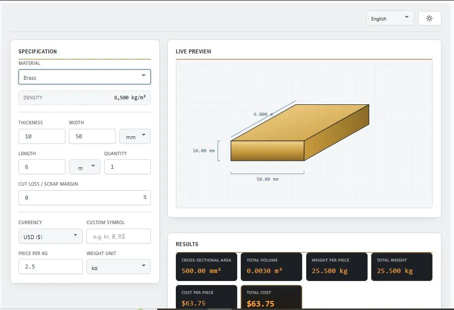 Flat bar weight calculator interface showing thickness, width, length and material inputs