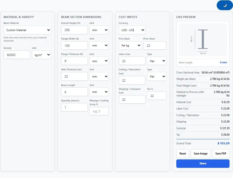 I beam weight calculator showing beam section dimensions, material, and cost inputs with live weight result
