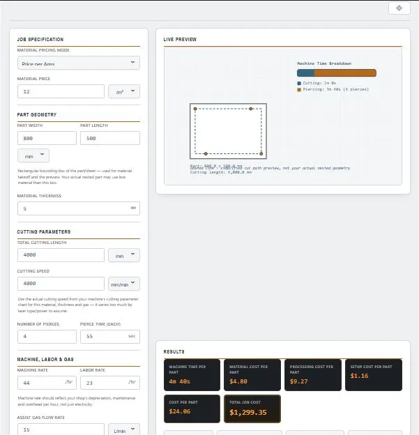 Laser cutting cost estimator interface showing material, cutting parameters and cost breakdown