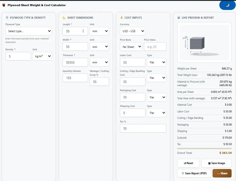 Plywood weight calculator showing plywood type, dimensions, and cost inputs with live weight result
