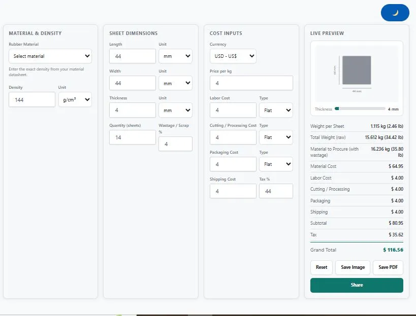 Rubber sheet weight calculator showing material, dimensions, and cost inputs with live weight result