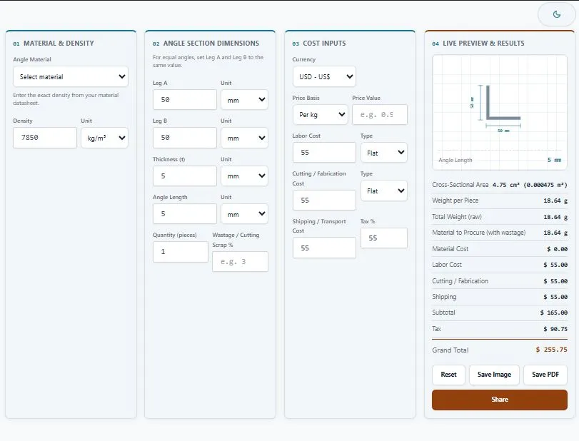 Steel angle weight calculator showing leg A, leg B, thickness, and cost inputs with live weight result