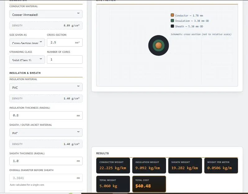 Wire and cable weight calculator interface showing conductor, insulation and sheath inputs