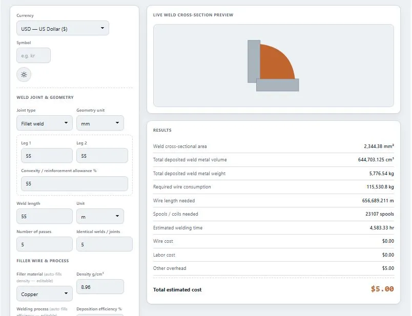 Welding wire consumption calculator showing joint geometry, live SVG preview, and total cost