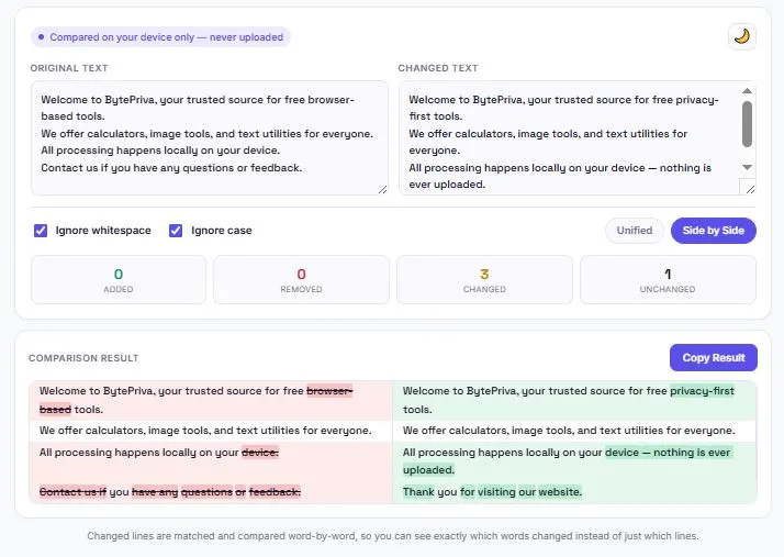 Text diff checker showing word-level highlighted changes between two texts
