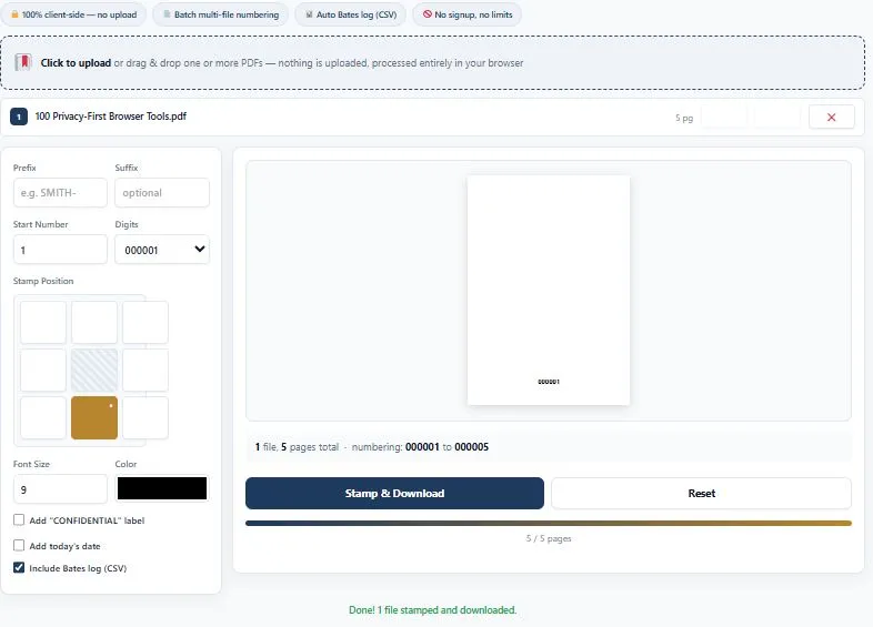 Bates stamping tool showing multi-file upload, stamp position picker, and live preview