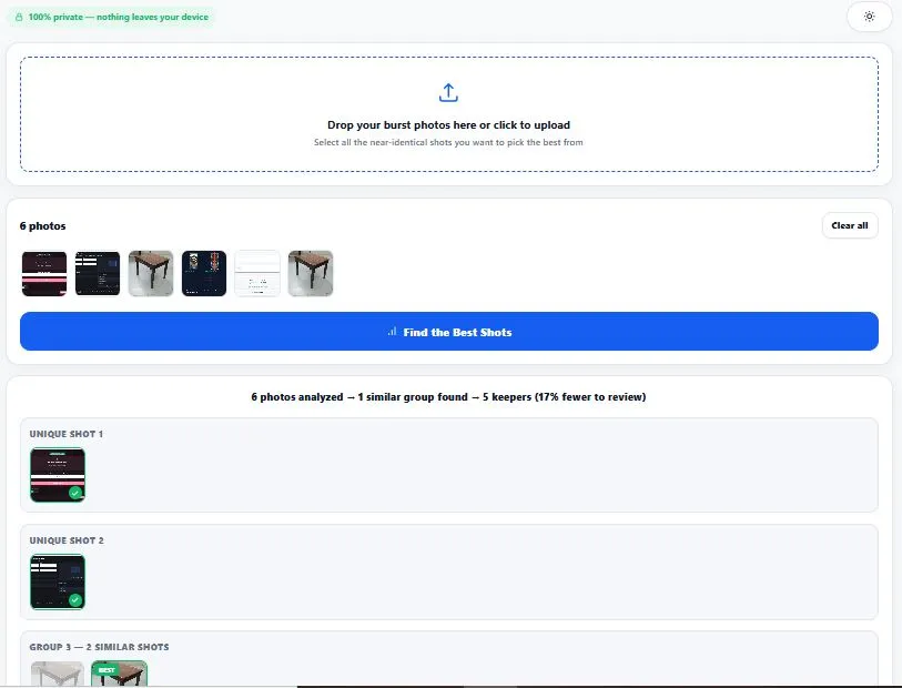 Burst photo picker showing grouped similar photos with the sharpest one automatically marked as best