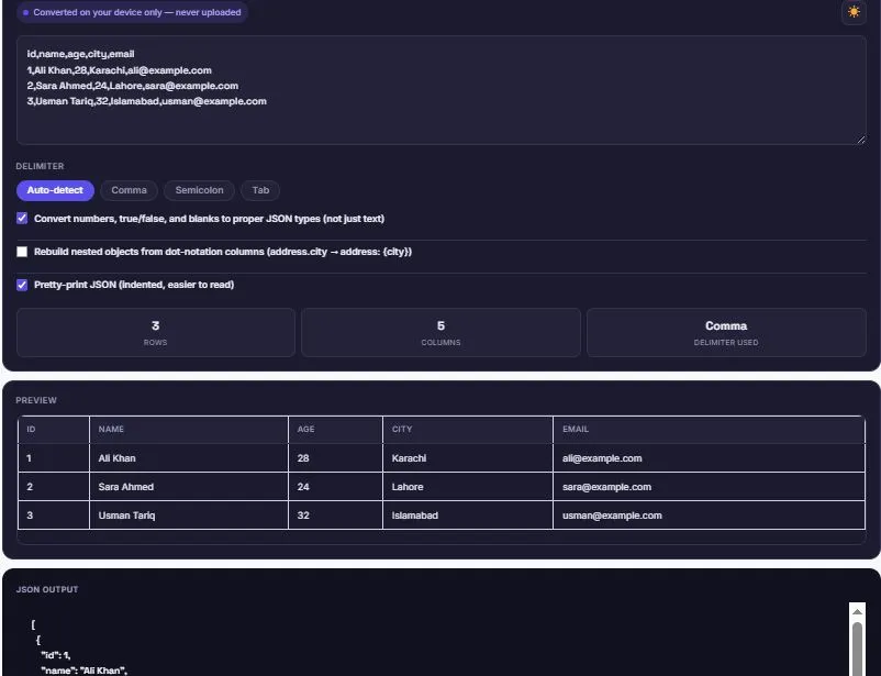 CSV to JSON converter showing live table preview with type-converted output