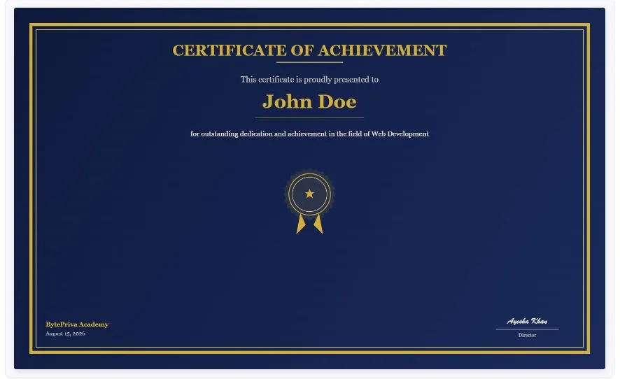 Certificate maker showing live preview with gold theme and award seal