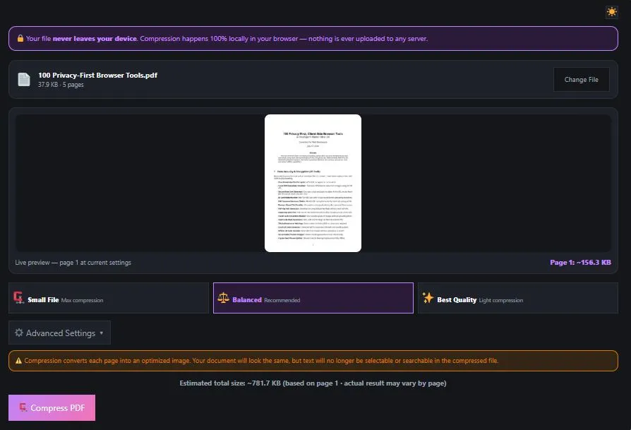 Compress PDF to 100KB tool showing live preview, quality slider, and file size estimate