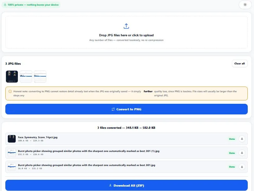 JPG to PNG converter showing batch file upload with per-file conversion results