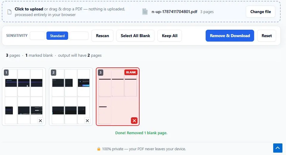 PDF blank page auto-remover showing thumbnail grid with detected blank pages marked