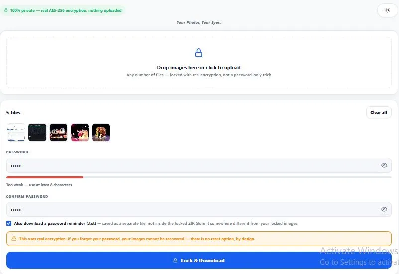 Password protect images tool showing bulk upload with AES-256 encryption and password strength meter