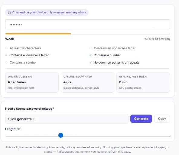 Password strength checker showing real-time strength meter and crack time estimate