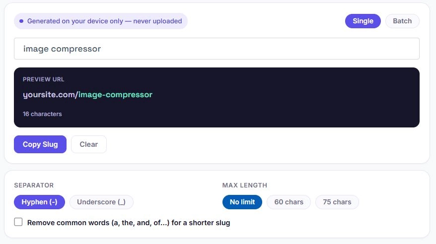 Slug generator showing live URL preview with hyphen-separated slug output