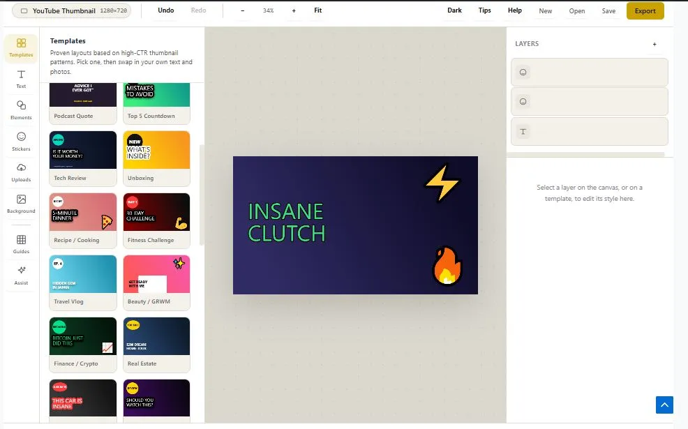Unlimited thumbnail maker editor with template panel, text tools, and green screen removal