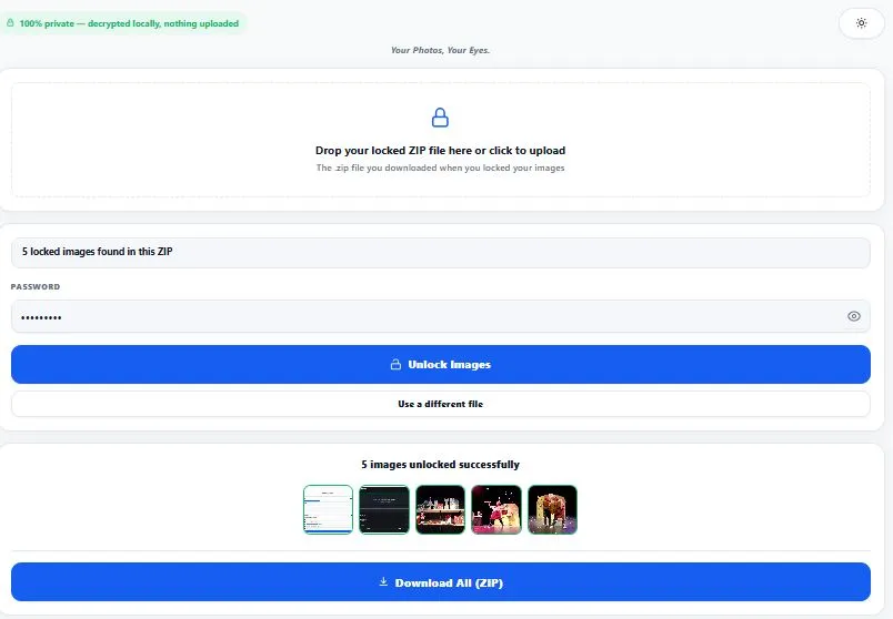 Unlock password protected images tool showing ZIP upload with password field and decryption progress