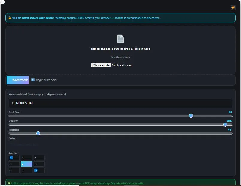 Watermark PDF tool showing live preview, position grid, and page numbering options