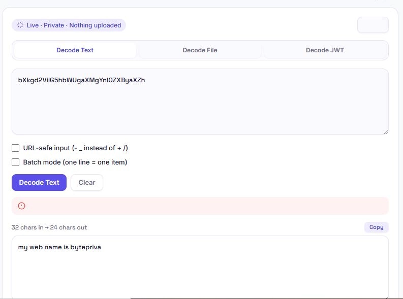 base64 decoder tool showing decoded JWT header and payload with expiry status