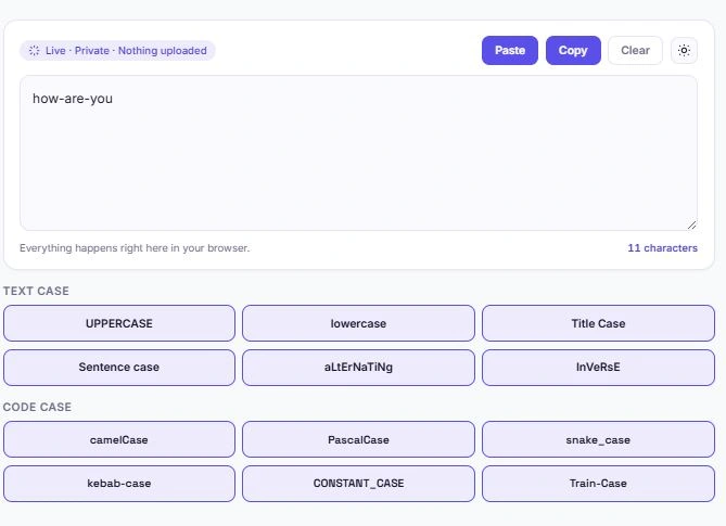 case converter tool showing UPPERCASE, lowercase, and camelCase options