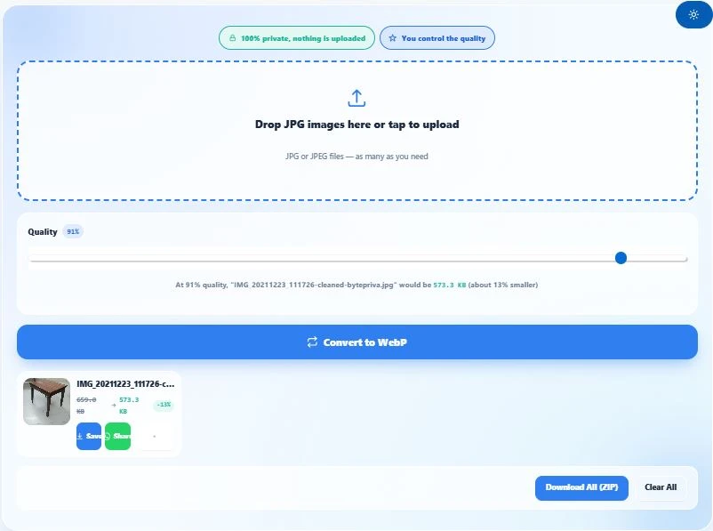JPG to WebP converter showing quality slider, live size estimate, and converted image results