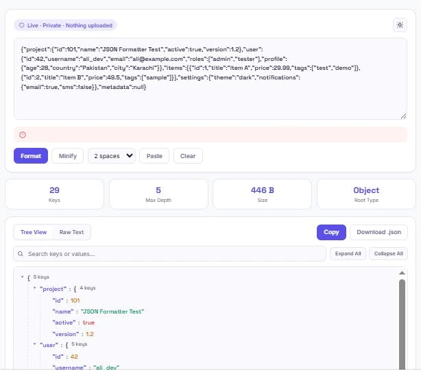 json formatter tool showing interactive tree view with expandable nested objects