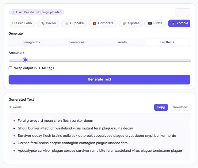 lorem ipsum generator showing theme selector with bacon and corporate options
