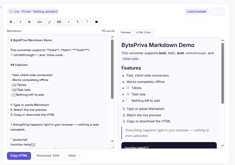 markdown to html converter showing live split-view preview with formatting toolbar
