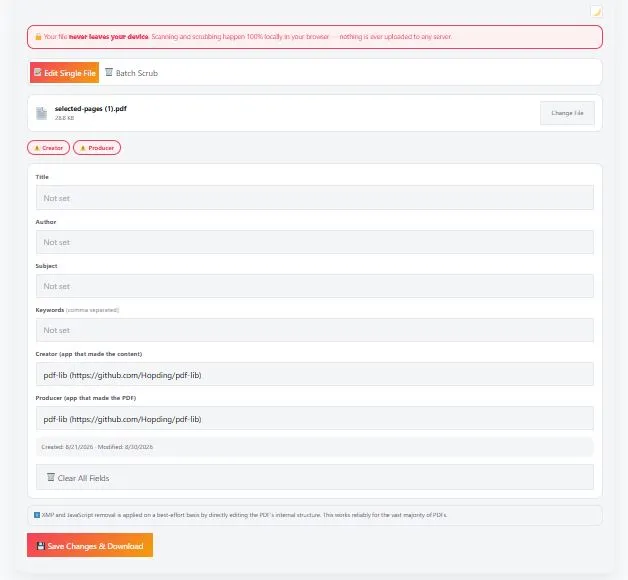 Remove metadata from PDF tool showing detected fields, editable form, and batch scrub mode