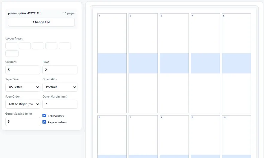 N-Up PDF generator interface showing PDF upload and grid layout settings