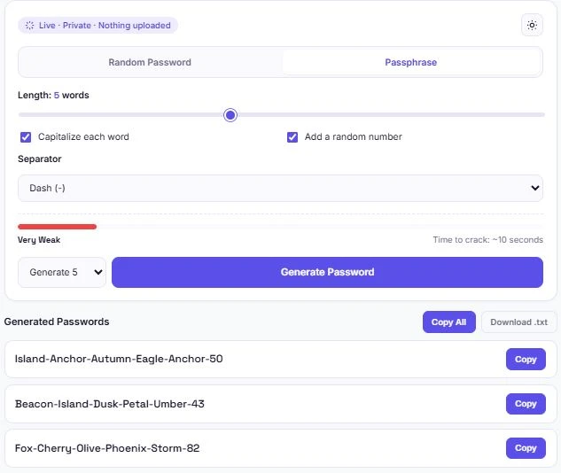 password generator tool showing strength meter and generated password list
