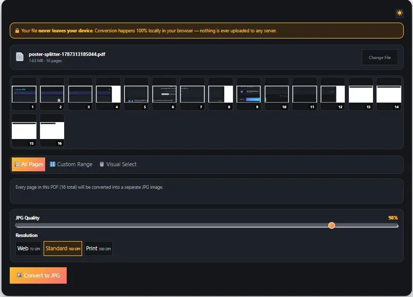 PDF to JPG converter interface showing page selection modes, resolution presets, and quality slider