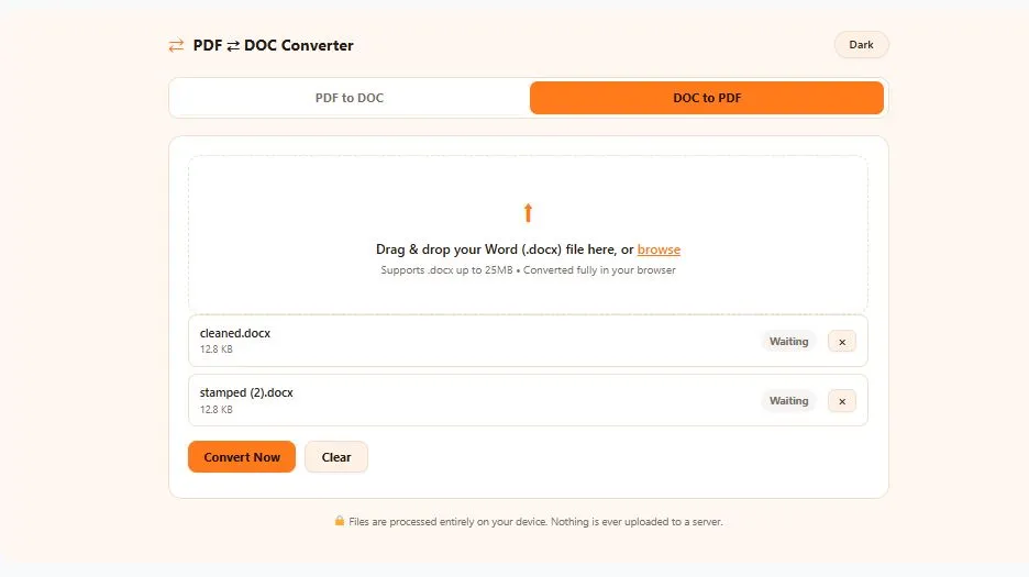 DOC to PDF Converter tool interface showing Word file upload and instant PDF download