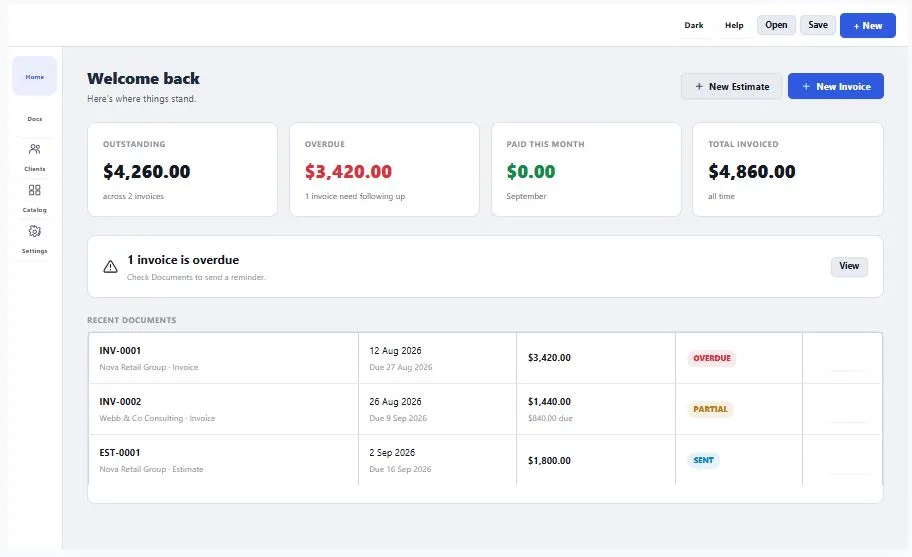 Invoice and estimate generator showing an invoice editor with client details, line items, and payment tracking