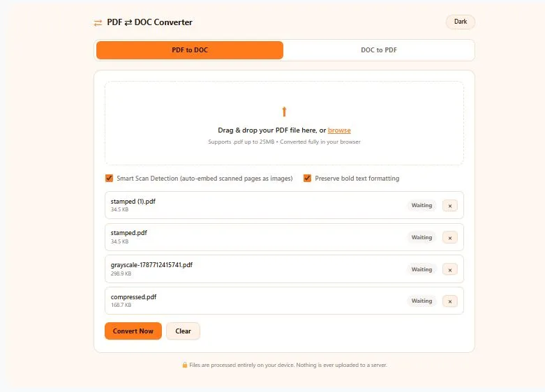 PDF to DOC Converter tool interface showing drag-and-drop upload and instant Word file download