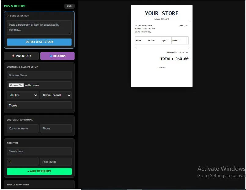 POS system no sign up showing receipt preview with inventory panel and payment calculator