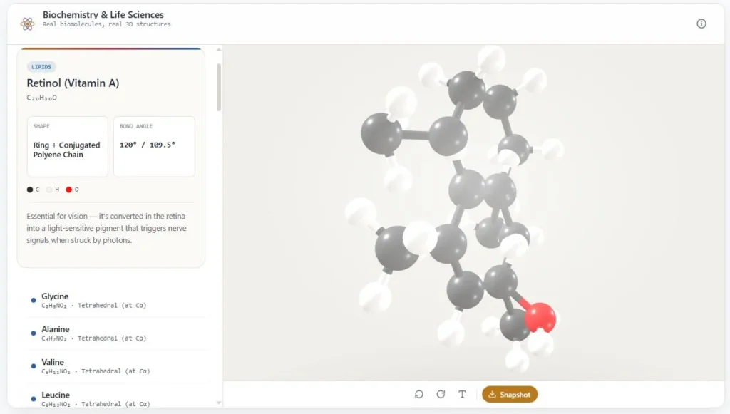 Biochemistry 3D molecule viewer showing a rotatable biomolecule with category filters and molecule list