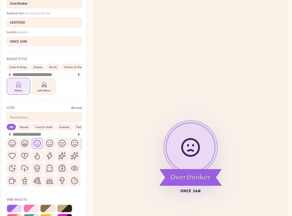 Certified vibe badge maker showing a customizable badge with icon, title, and color options