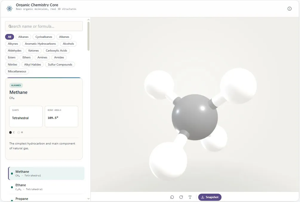 Organic chemistry 3D viewer showing a rotatable molecule with functional group filters and molecule list