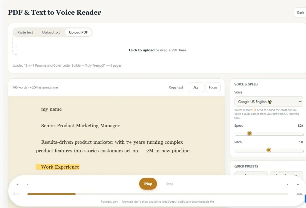 Free PDF to speech reader interface showing text input panel, reading stage with sentence highlighting, and playback controls