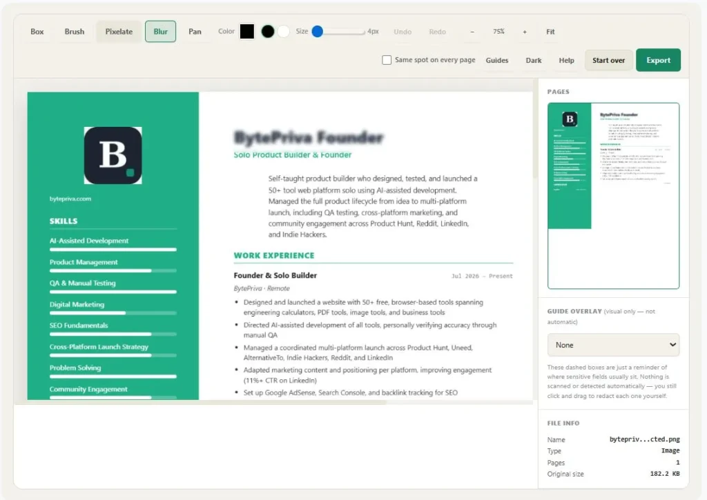 Redact PDF and image online tool showing box, brush, pixelate, and blur redaction options over a sample ID document