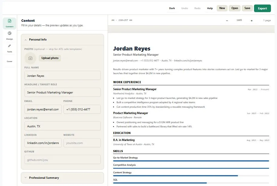 Resume and cover letter builder showing a matching template with ATS checker and resume strength meter