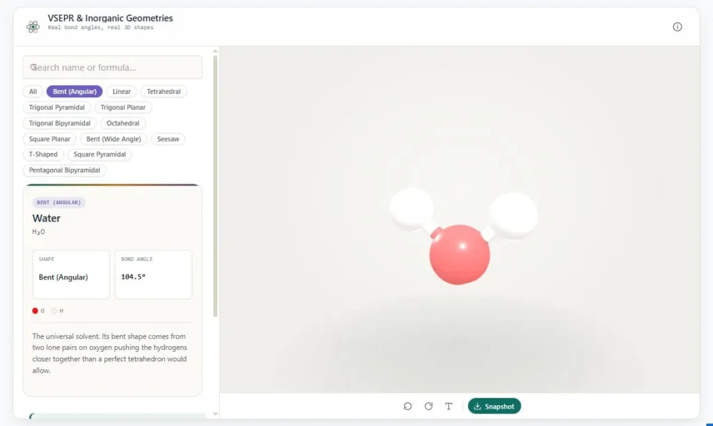 VSEPR 3D molecular viewer showing a rotatable molecule with bond angle, molecule list, and family filters