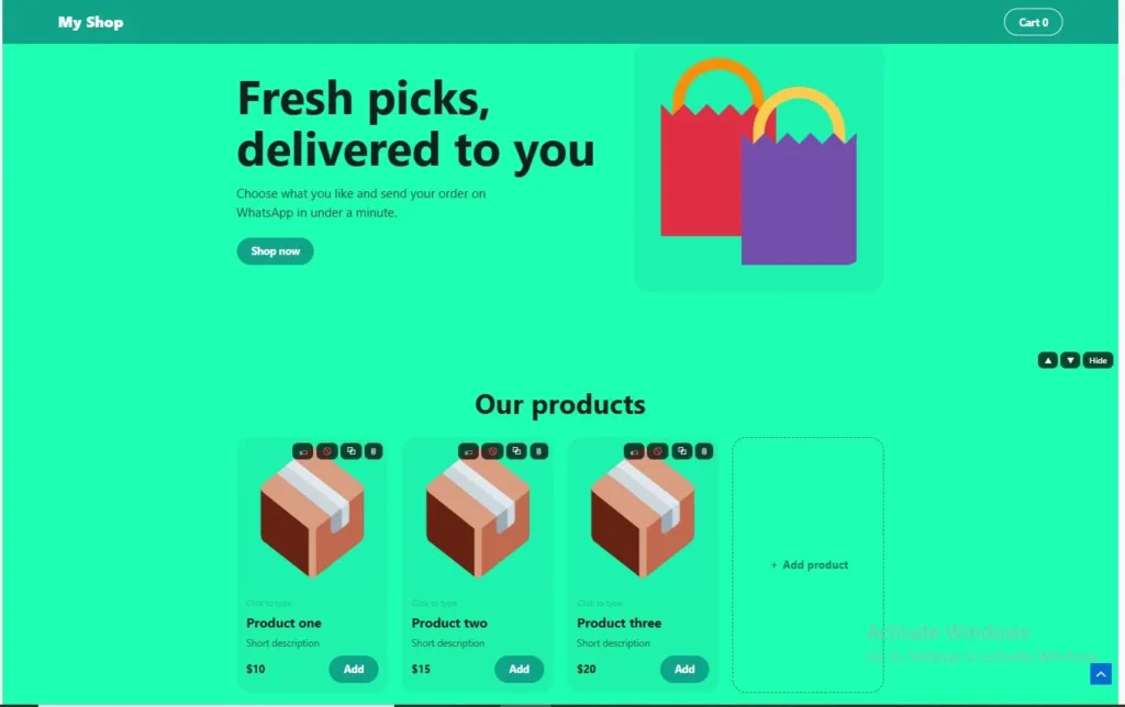 WhatsApp store builder no signup showing an editable shop page with product cards and Add buttons